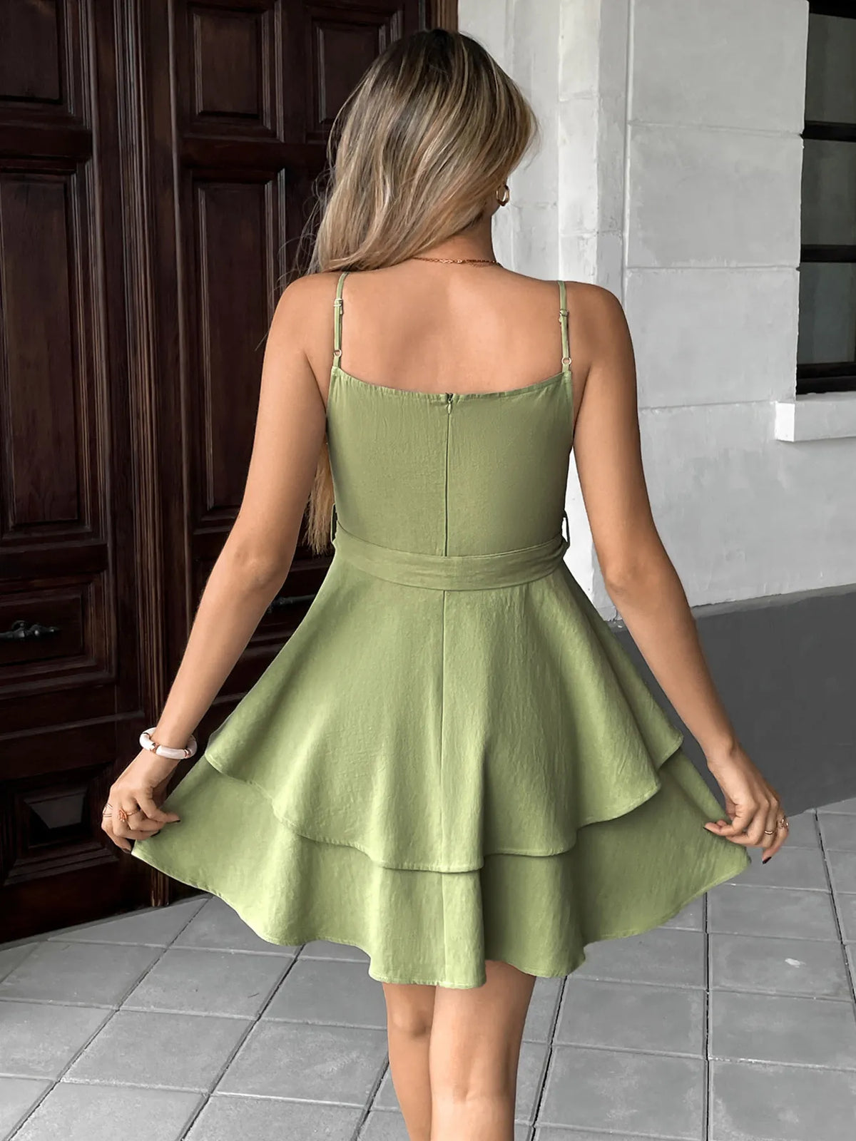 Ruffle Layered Cami Mini Dress with Bow Belt