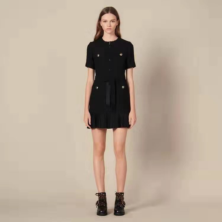 Fragrant Wind Woolen Pleated Stitching Skirt Short-sleeved Black Dress Aclosy