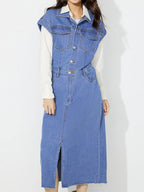 Slit Half Button Collared Neck Cap Sleeve Denim Dress Trendsi