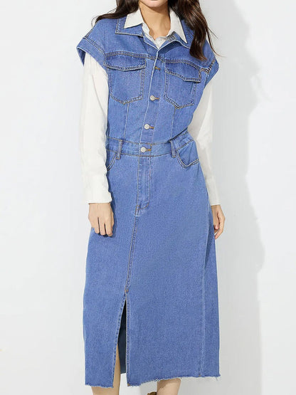 Slit Half Button Collared Neck Cap Sleeve Denim Dress Trendsi