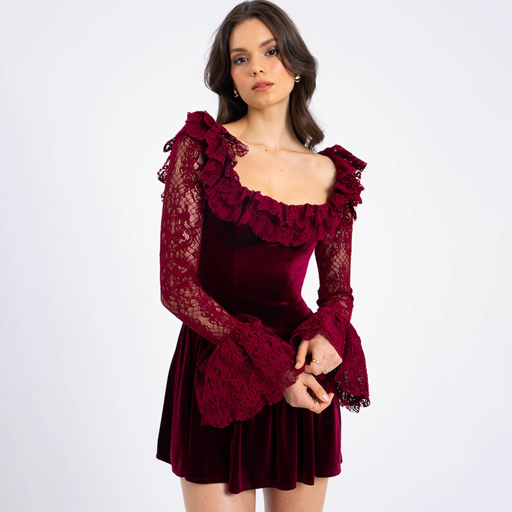 Hollow Long Sleeve Tied Short Skirt Square Collar Aclosy