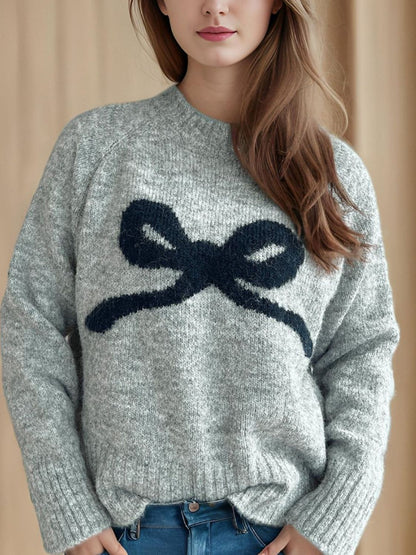 Bow Round Neck Long Sleeve Sweater Trendsi