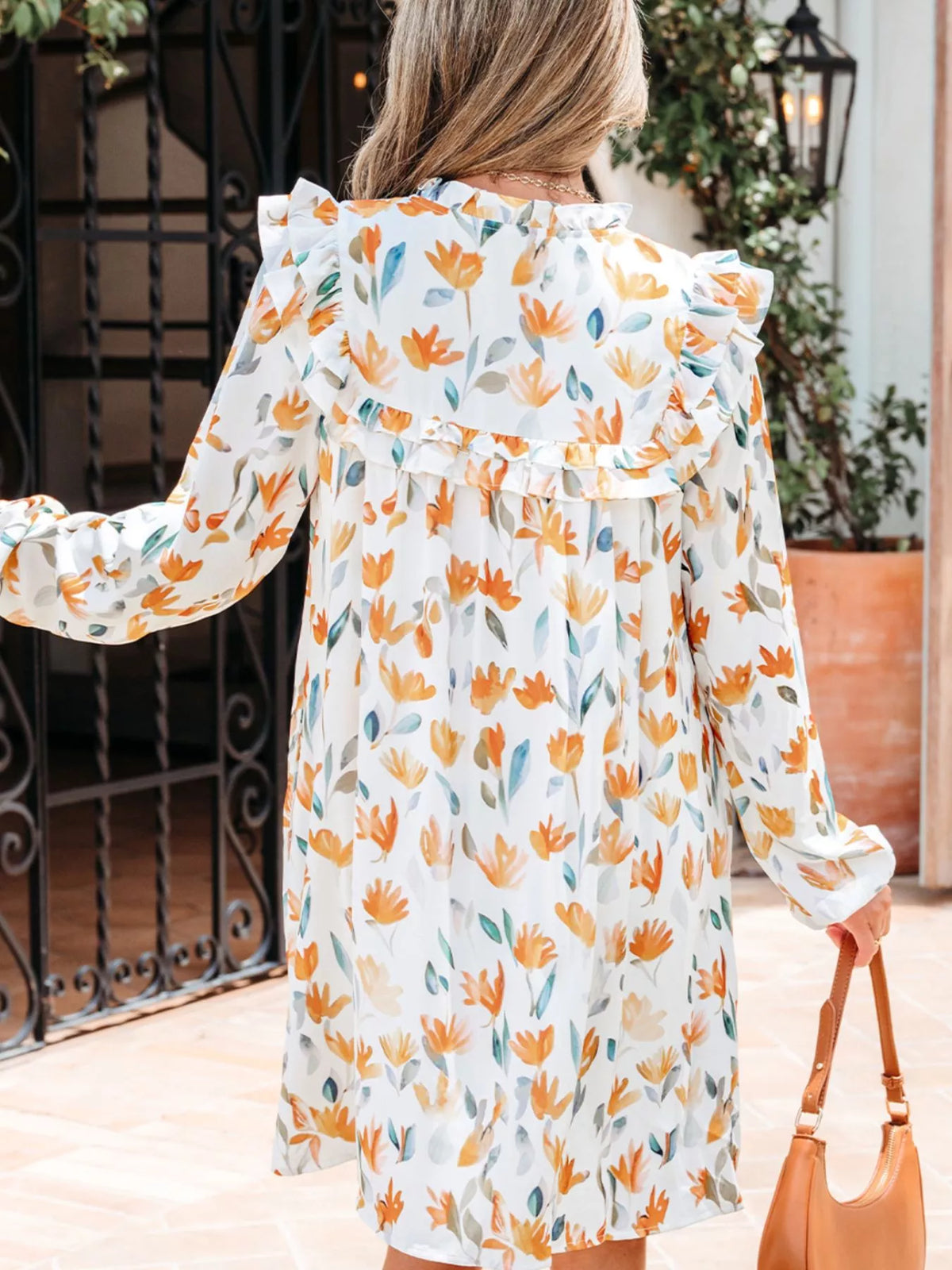 Floral Print Tie Neck Frilled Detail Long Sleeve Mini Dress