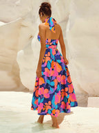 Ruched Printed Halter Neck Sleeveless Dress Trendsi