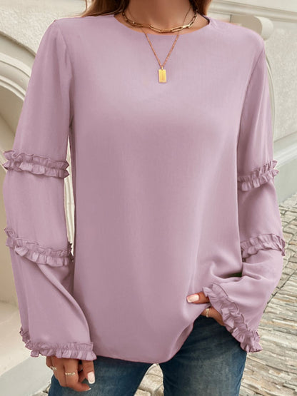 Devine Frill Round Neck Long Sleeve Top Trendsi