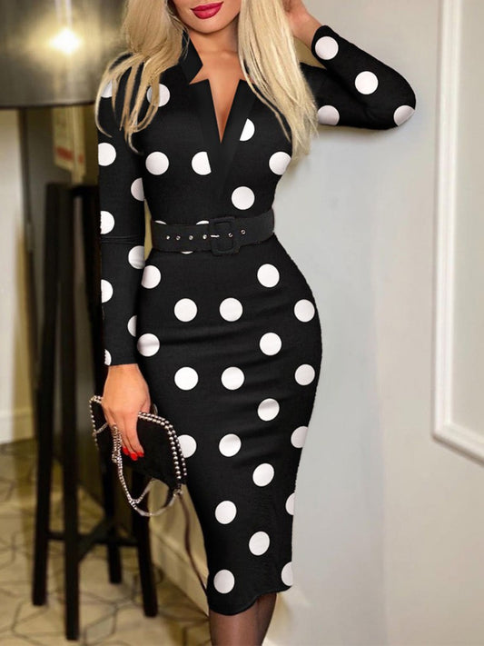 Printed Notched Long Sleeve Wrap Dress Trendsi