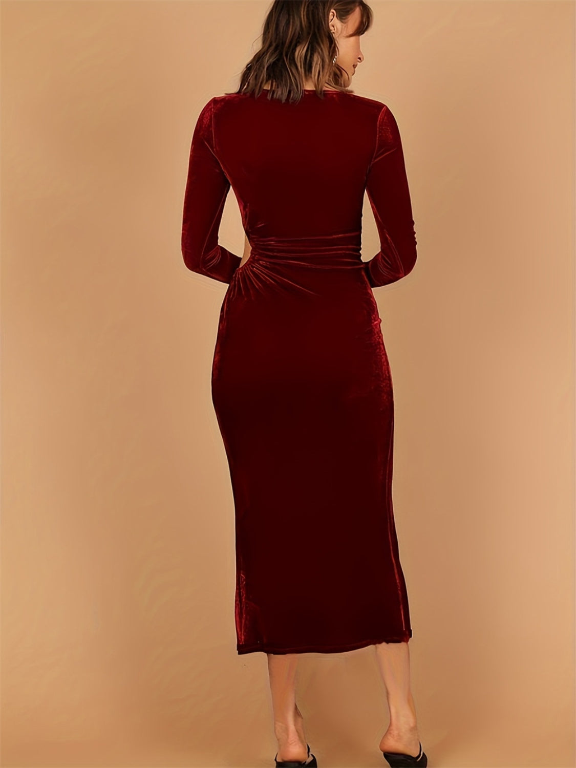 Cutout Side Slit Boat Neck Long Sleeve Dress Trendsi