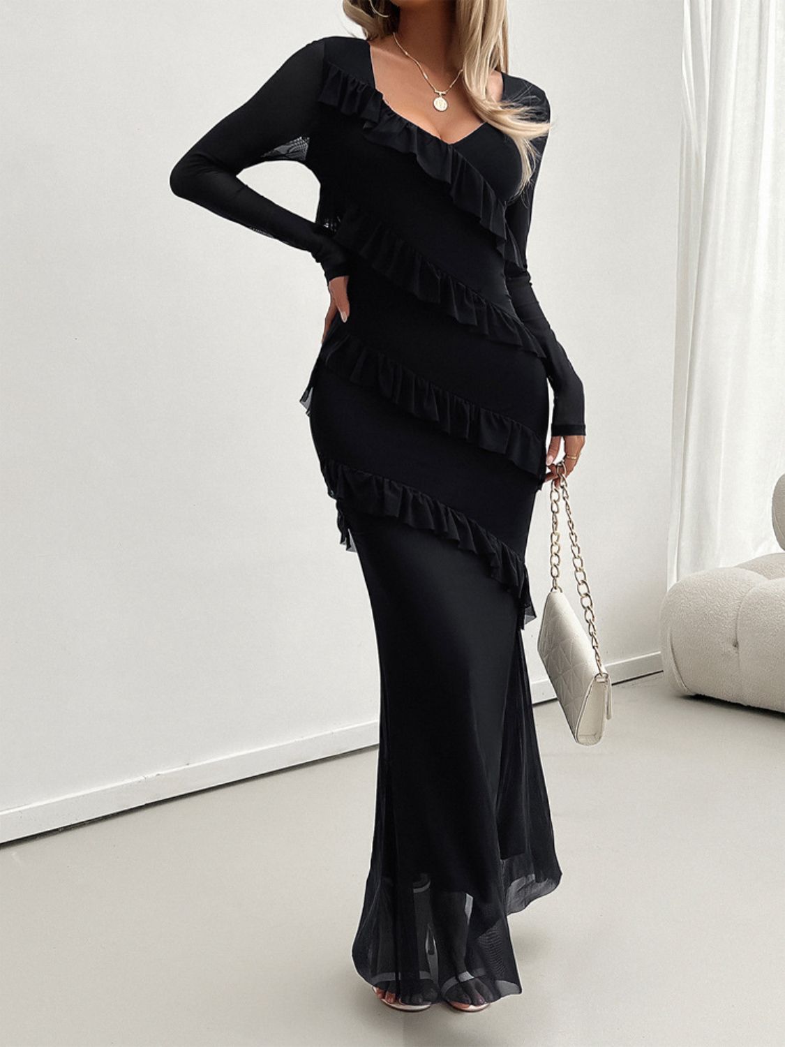 Devine Ruffled Surplice Long Sleeve Maxi Dress Trendsi