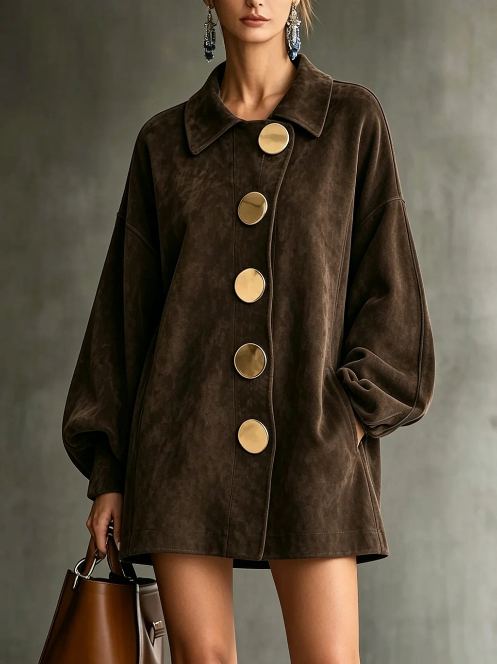 margot oversized faux suede jacket dress in chocolate brown - front view