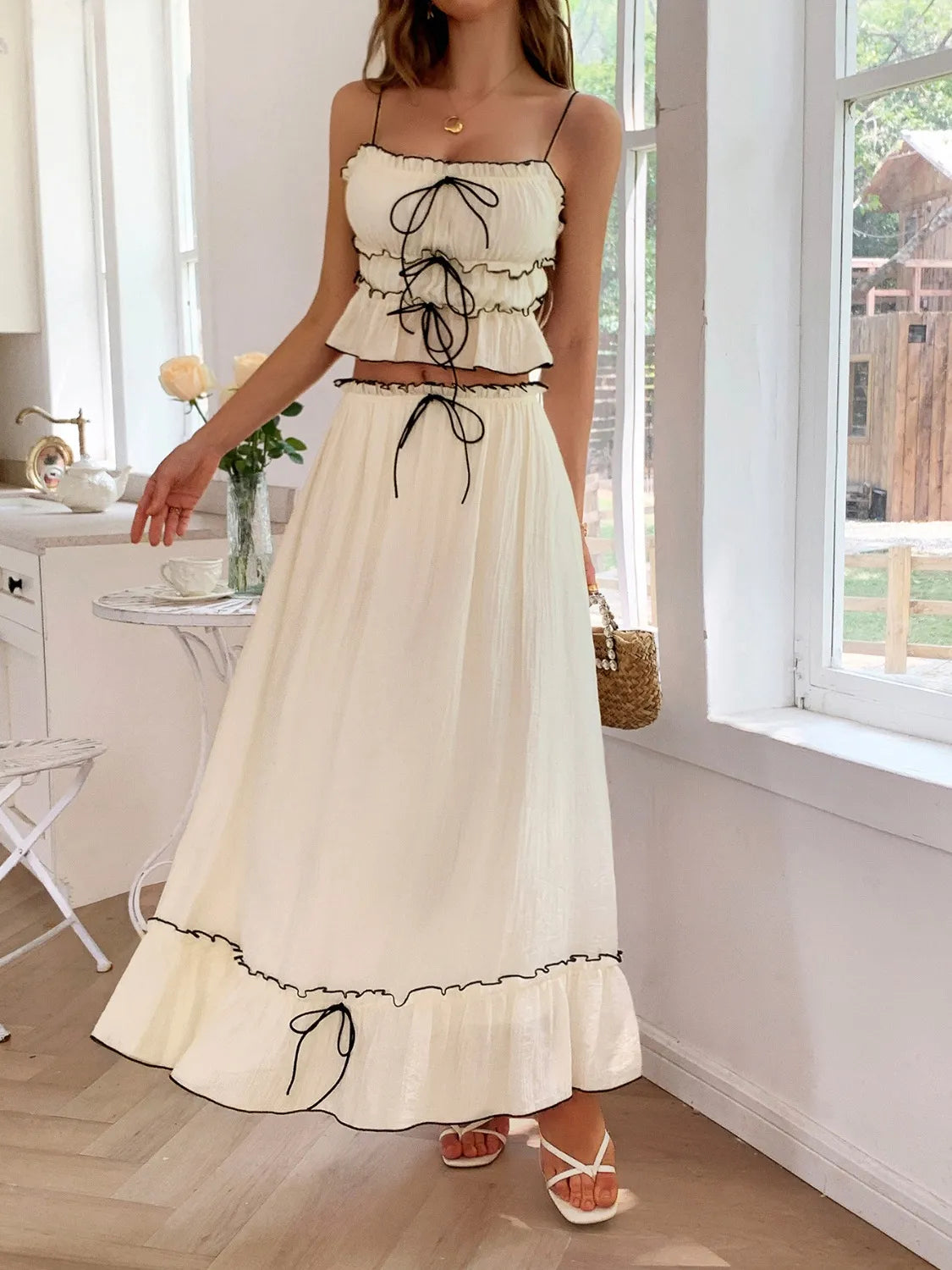 Frill Square Neck Cami and Skirt Set