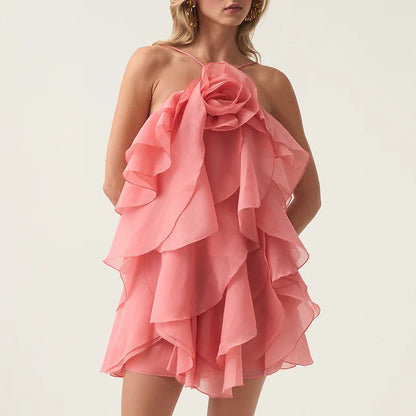 Halter Three-dimensional Flower Design Lace-up Sleeveless Dress Aclosy