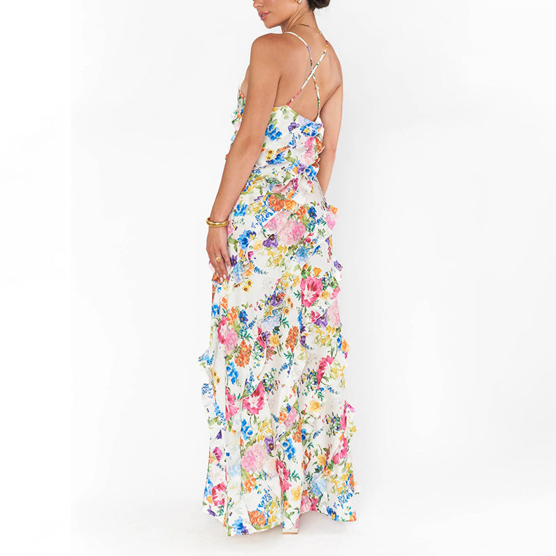 Womens Patchwork Ruffle-Trimmed Resort-Style Slip Dress null