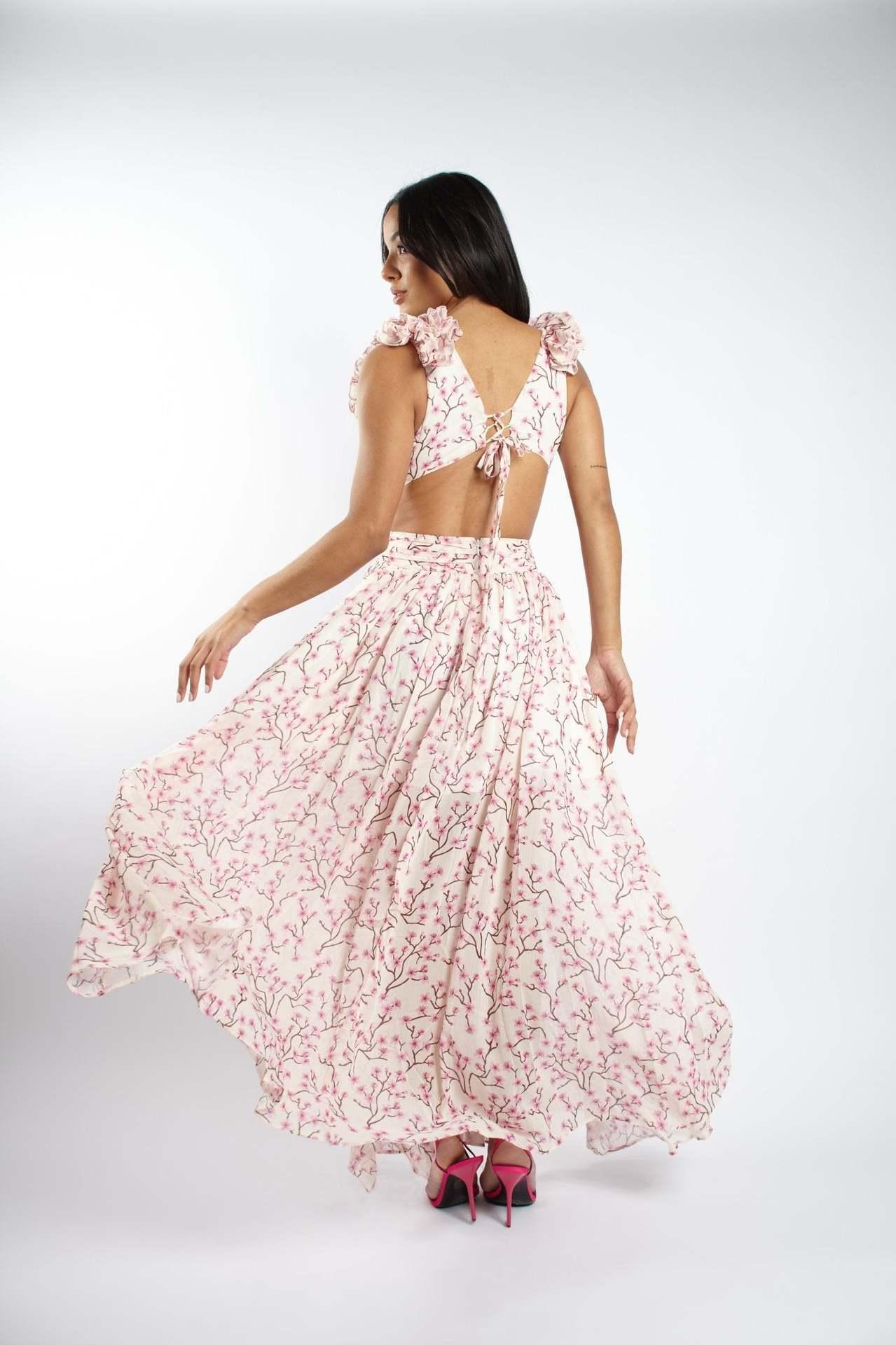 Deep V Ruffled Floral Backless Dress aclosy