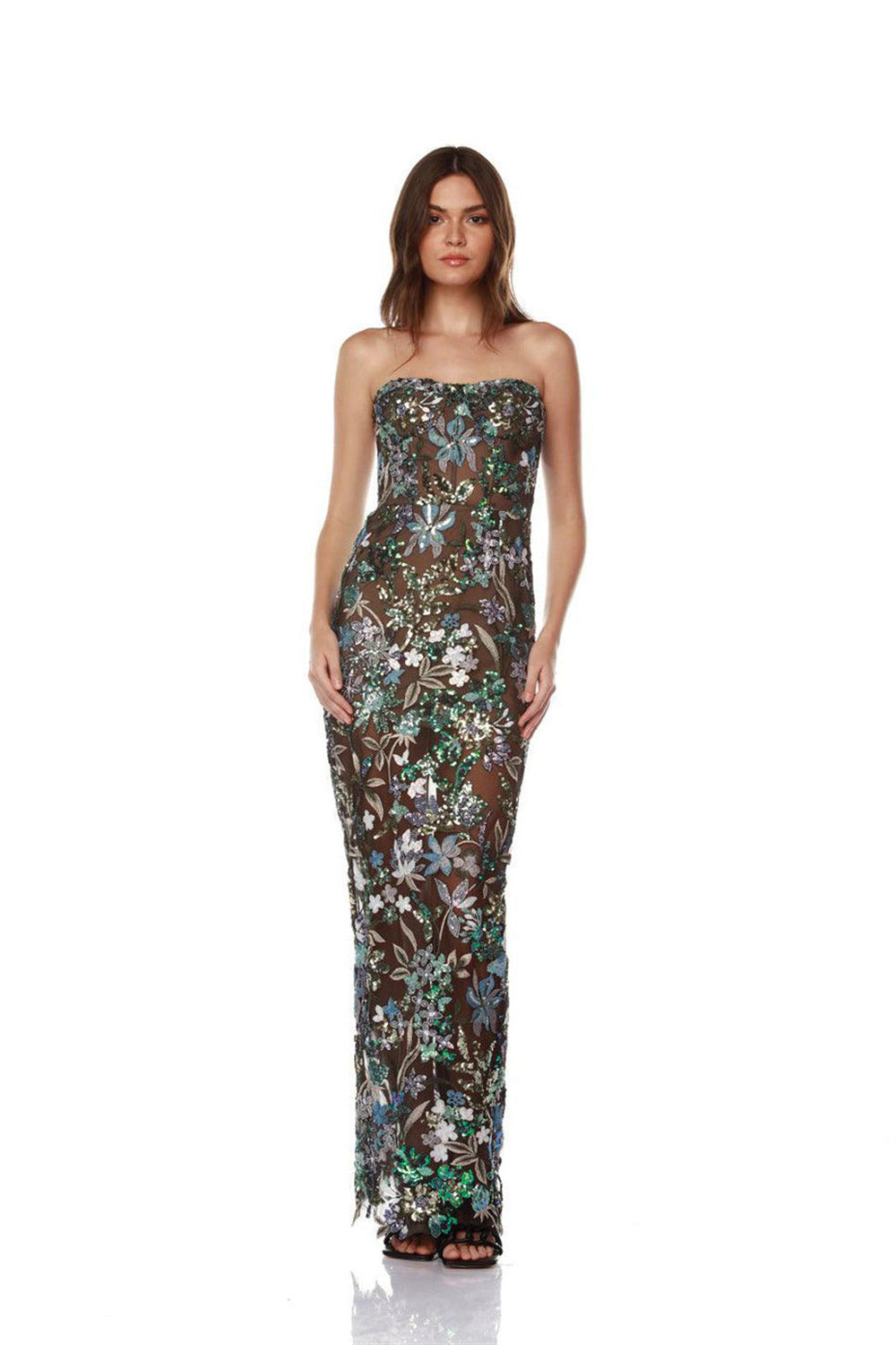 Foreign Trade Fashion Blue Bandeau Slim-fit Embroidered Tight Sleeveless Long Sheath Dress Aclosy