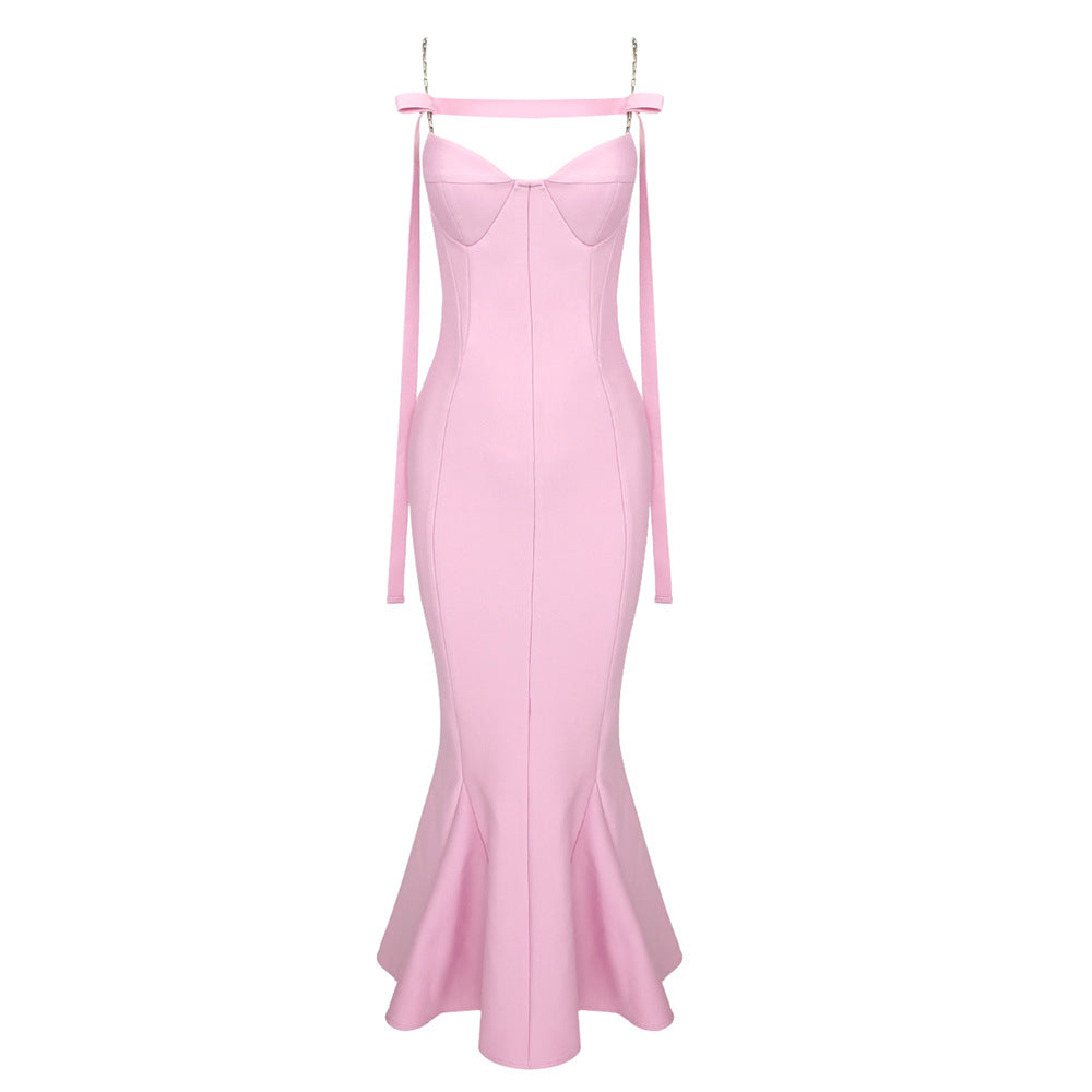 Women's Pink Chain Fishtail Bandage One-piece Dress Aclosy