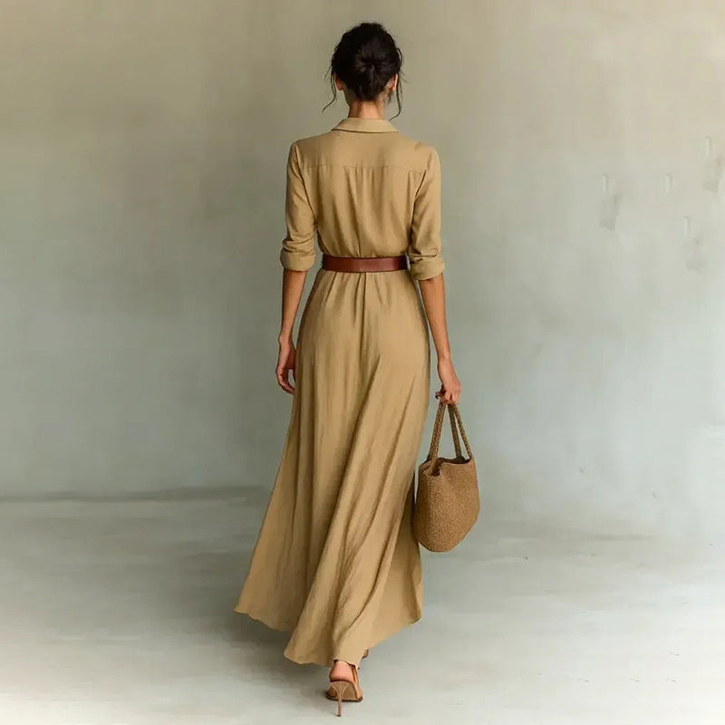 Women Long Sleeve Ruched Elegant Maxi Dress Button Down Shirt Long Dress With Belts Aclosy