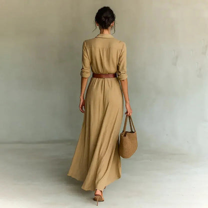 Women Long Sleeve Ruched Elegant Maxi Dress Button Down Shirt Long Dress With Belts Aclosy