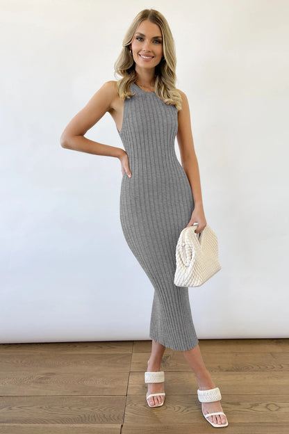 Slit Ribbed Round Neck Sleeveless Dress Trendsi