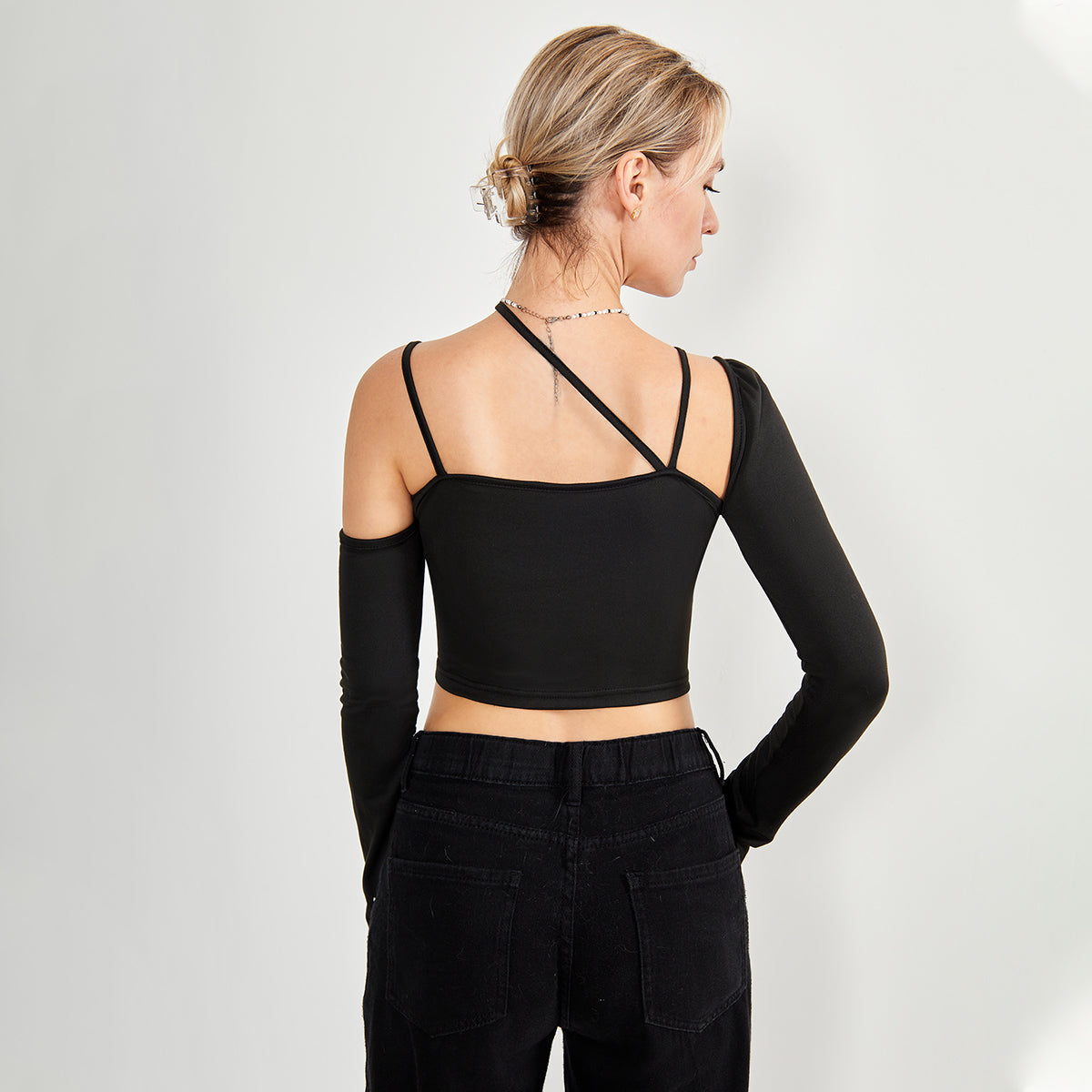 Long Sleeve Top Cut Out Asymmetrical Neck aclosy