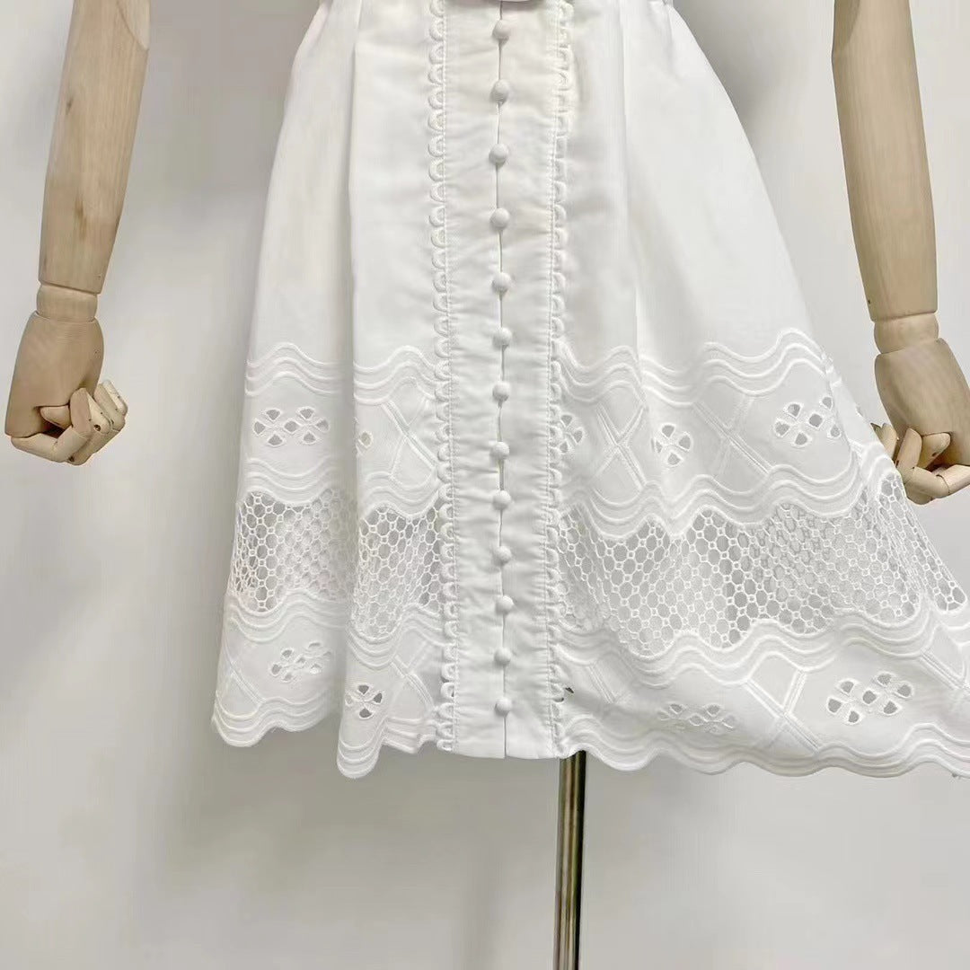 V-neck Puff Sleeve Single Breasted Belt Waist Trimming Short Dress Women aclosy