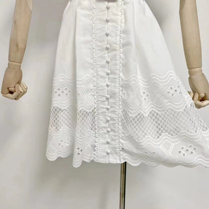 V-neck Puff Sleeve Single Breasted Belt Waist Trimming Short Dress Women aclosy