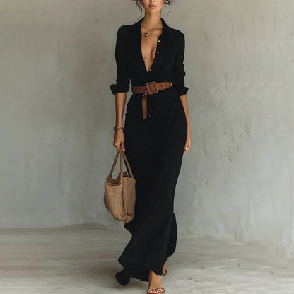 Women Long Sleeve Ruched Elegant Maxi Dress Button Down Shirt Long Dress With Belts Aclosy