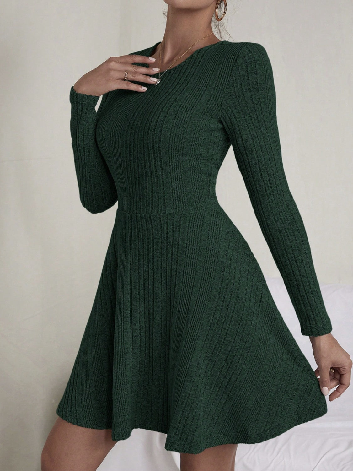 Textured Round Neck Long Sleeve Dress Trendsi