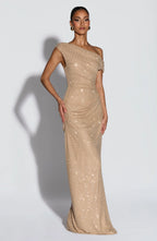 Celeste Shimmer Draped Off-Shoulder Maxi Gown