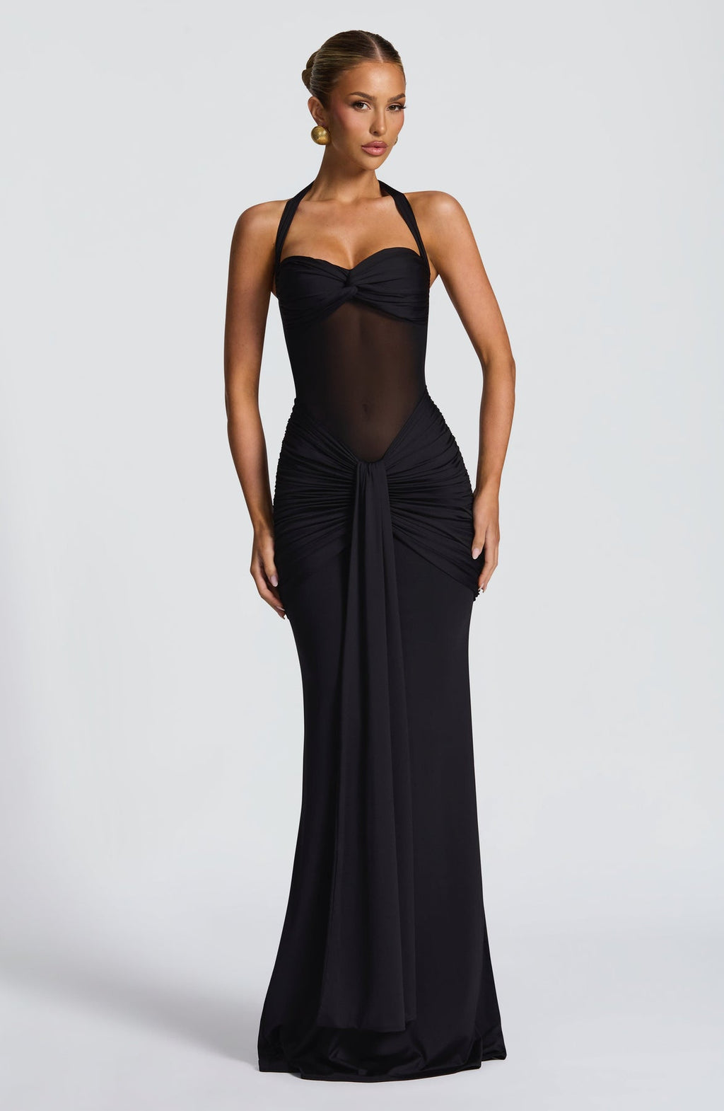 Halter Neck Backless Ruched Maxi Dress