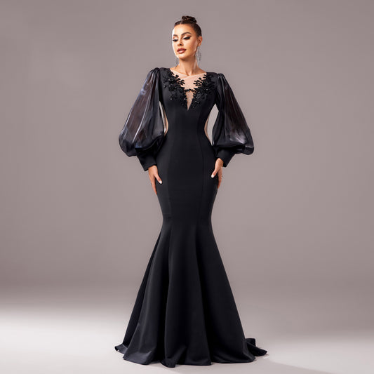 Long Sleeve Round Neck Banquet Applique Sheath Fishtail Dress aclosy