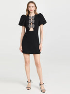 Tube Top Three Bowknot Connection Hollowed Fashion Puff Sleeve Sheath Bandage One-piece Dress aclosy