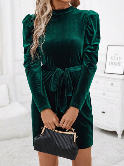 Mock Neck Tie Waist Puff Sleeve Mini Dress Trendsi