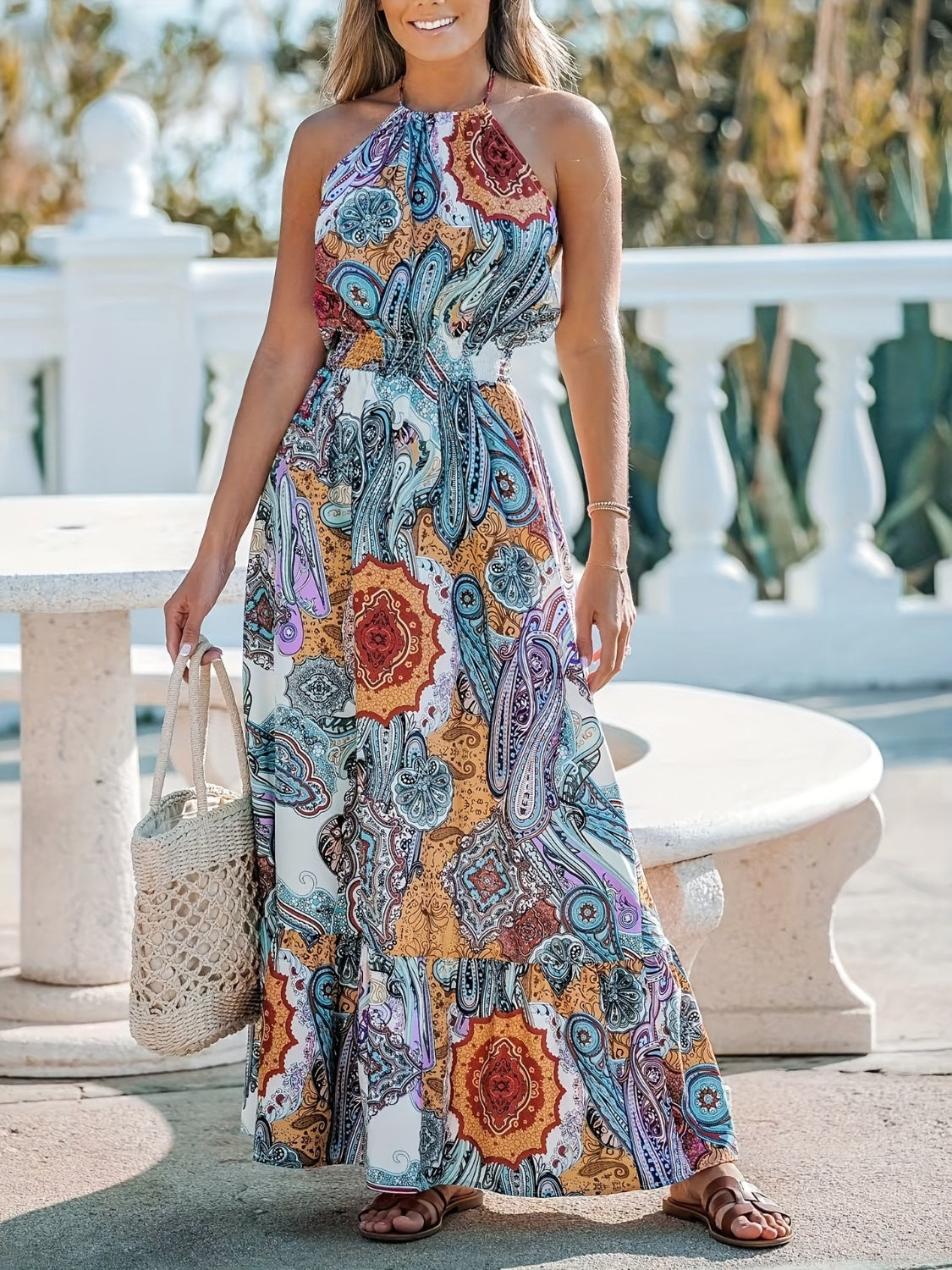 Printed Halter Neck Maxi Dress Trendsi