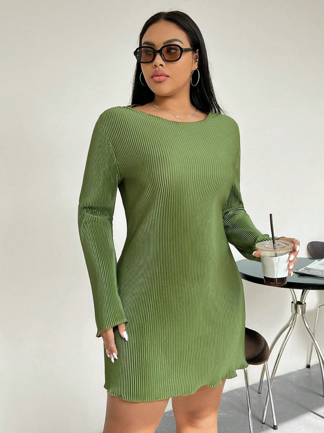 Honey Plus Size Lettuce Hem Round Neck Long Sleeve Dress Trendsi