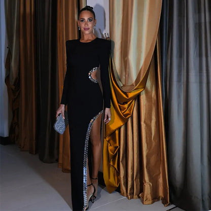 Women's Fashionable Round Neck Padded Shoulder High Slit Long Dress aclosy