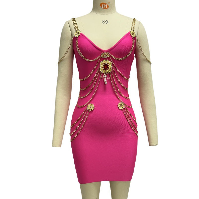 Women's Gold Chain Bandage One-piece Dress aclosy