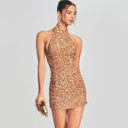Backless Halter Sequins Mini Skirt Tight Ladies Party Dress Aclosy