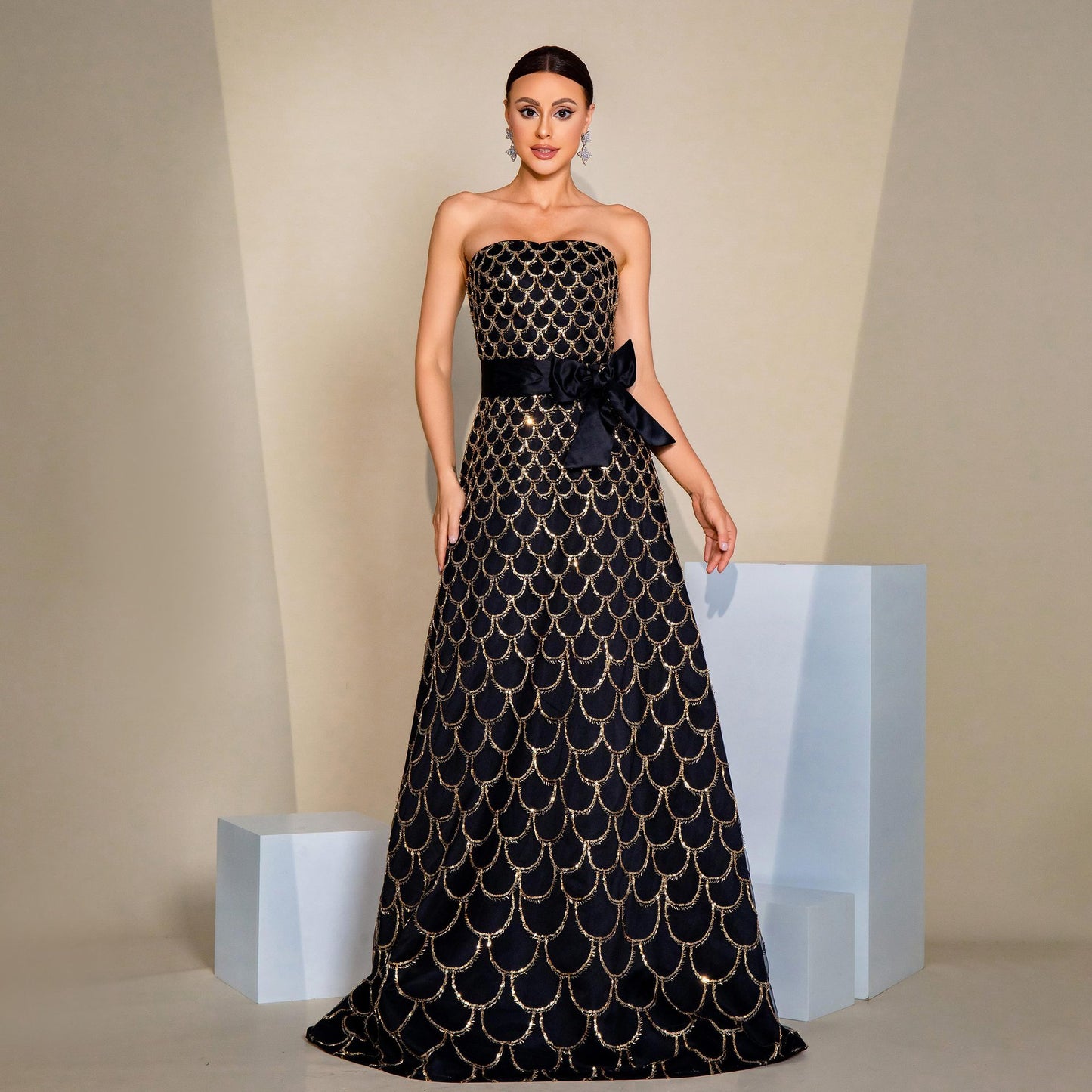 Off-neck Wrapped Chest Nipped-waist Large Swing Sequined Evening Dress aclosy