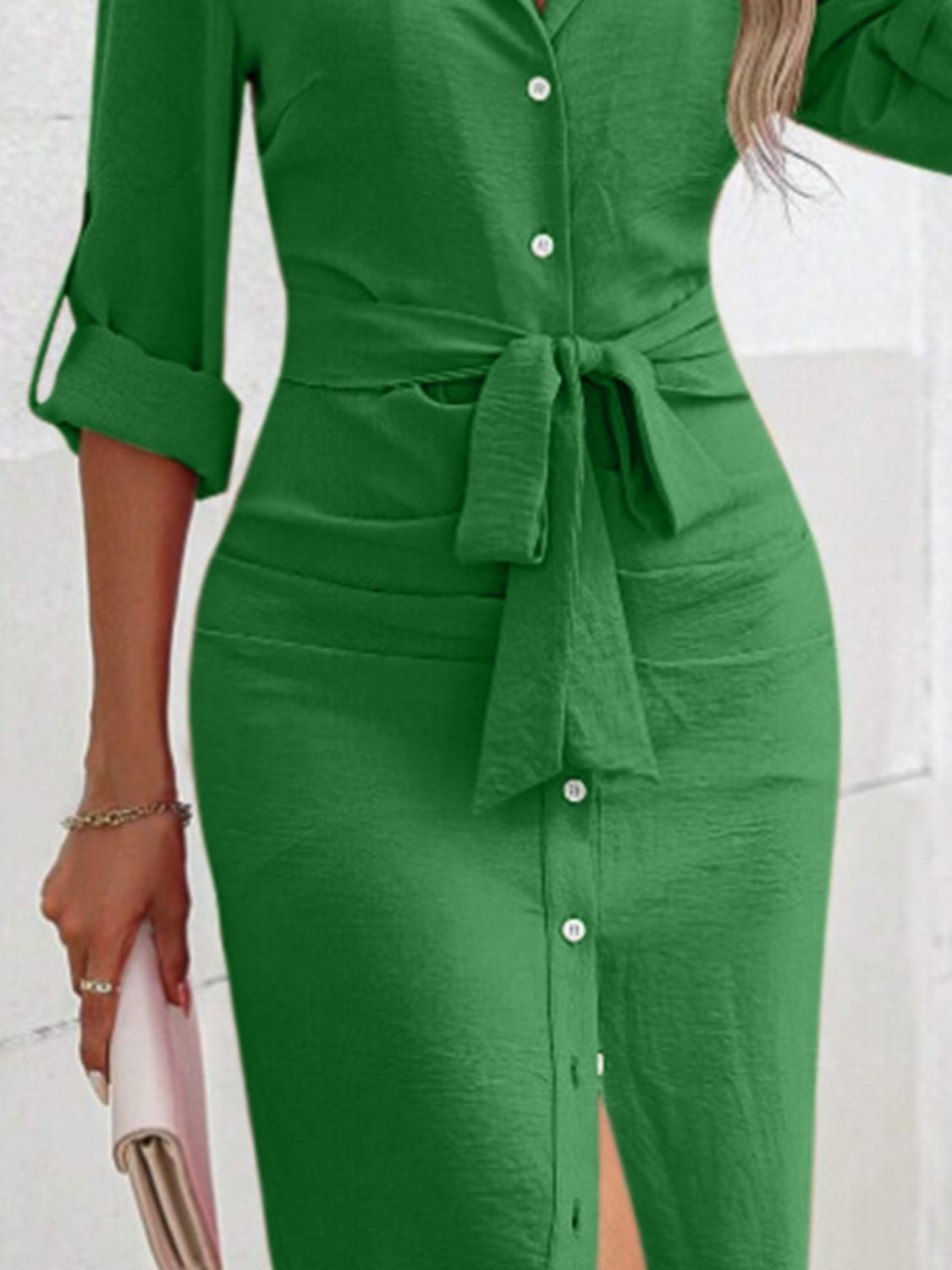 Tied Button Up Collared Neck Roll-Tab Sleeve Dress Trendsi