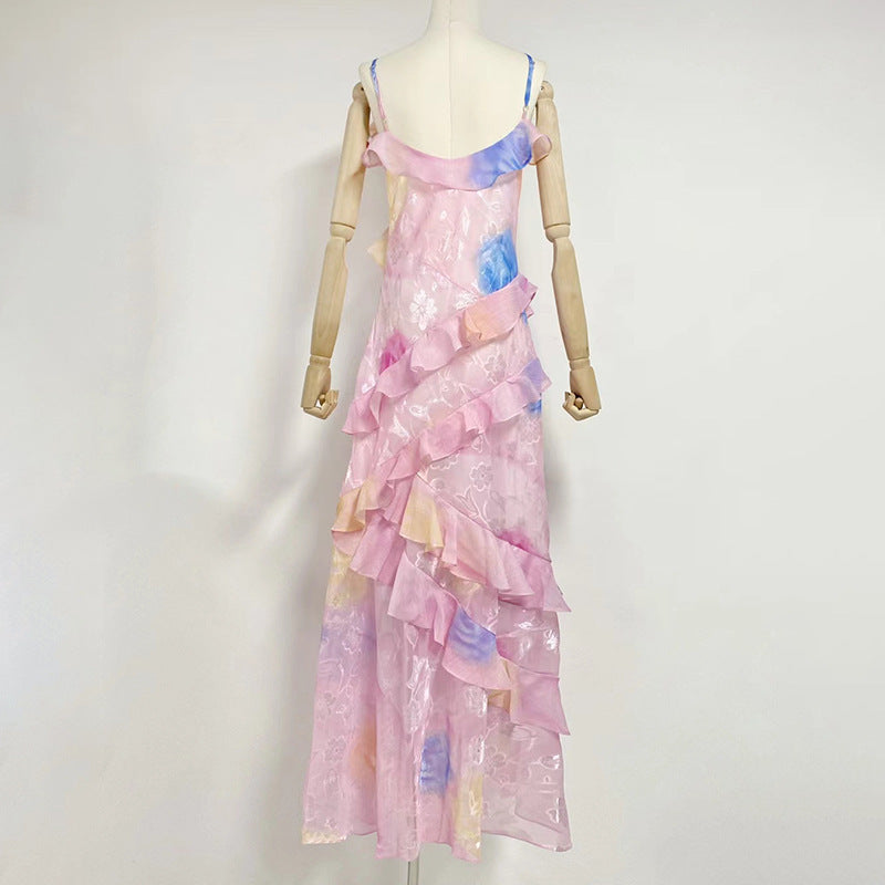 Amoi V-neck Strap Slim Fit Ruffled Dress