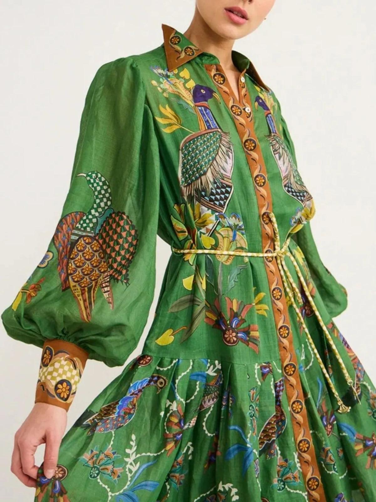 Printed Lantern Sleeve Maxi Shirt Dress