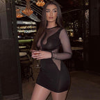 European And American Style Women's Summer New Fashion  Mesh Stitching Hollow Long Sleeve Slim Dress Wholesale aclosy