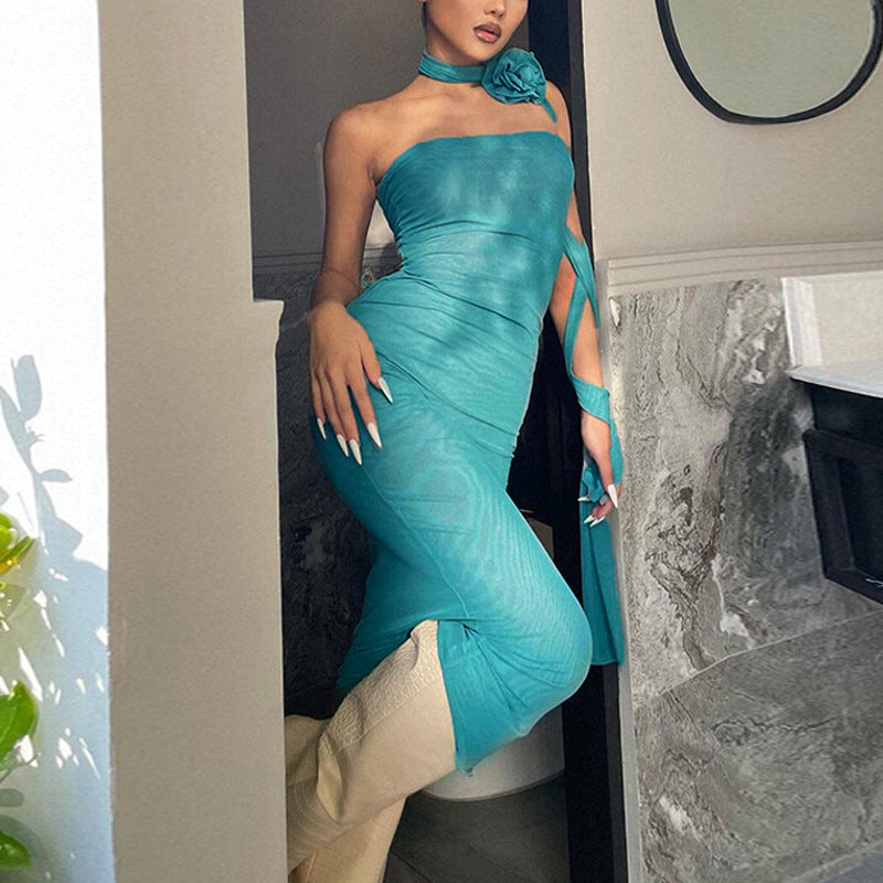 Rose Ribbon Bust Tight High Waist Skirt aclosy