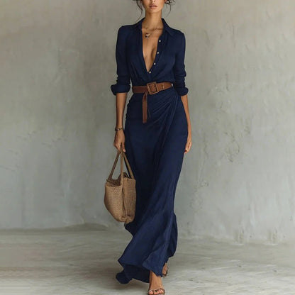 Women Long Sleeve Ruched Elegant Maxi Dress Button Down Shirt Long Dress With Belts Aclosy