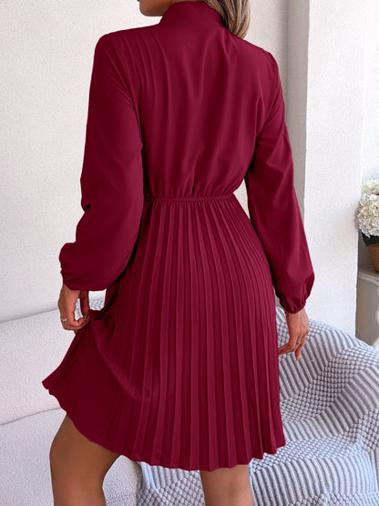 Tie Neck Balloon Sleeve Pleated Dress Trendsi