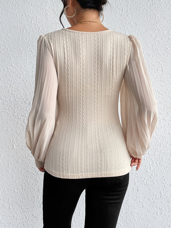 Honey Pleated Puff Sleeve Round Neck Blouse Trendsi