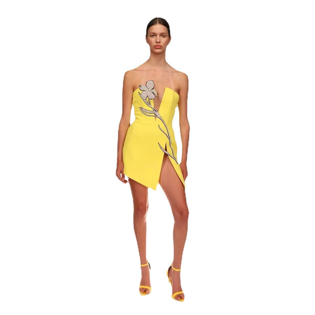 Women's Tube Top Net Yarn Flowers Rhinestone Dress Aclosy