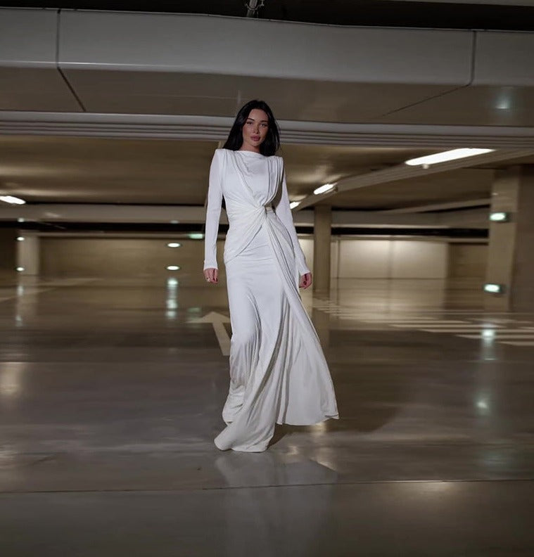 Fashion Round Neck Pleated Waist Slim Solid Color Temperament Dress aclosy