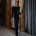 Women's Fashionable Round Neck Padded Shoulder High Slit Long Dress aclosy