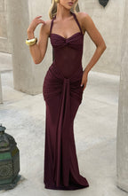 Halter Neck Backless Ruched Maxi Dress